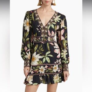 Farm Rio Black Surreal Flowers Belted Long Sleeve Minidress, Size M